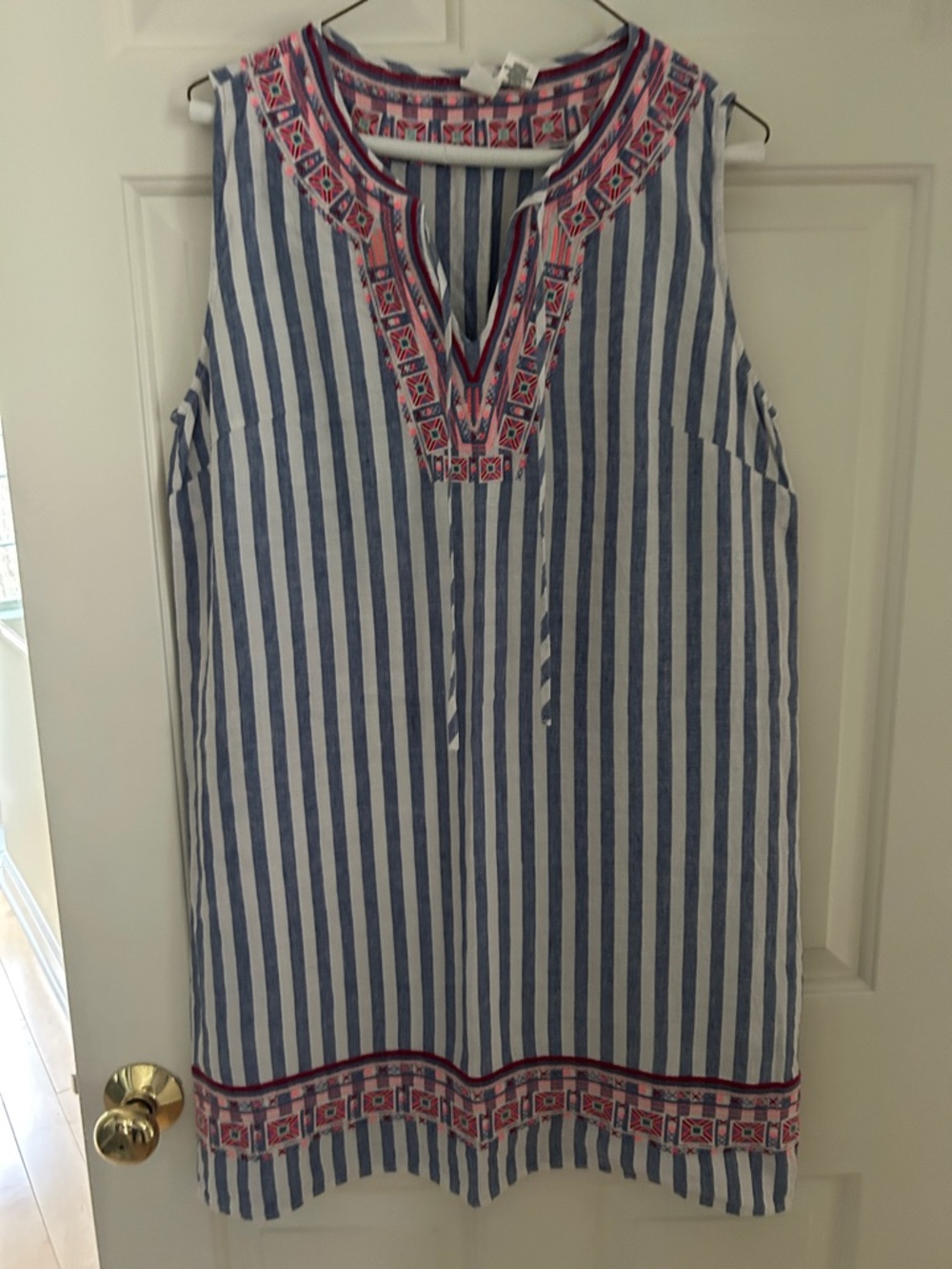 Artisan Blue and Coral Embroidered Striped Linen Dress Size L